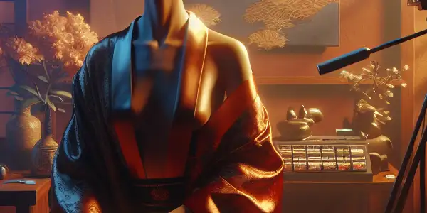 An intimate room scene featuring a confident figure in luxurious fabrics, with hints of film equipment and soft lighting.