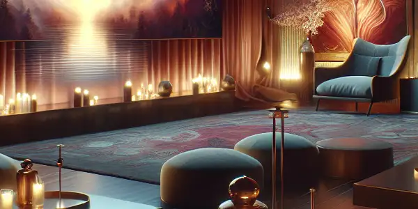 A luxurious adult entertainment lounge featuring a modern screen displaying vibrant adult films and elegant decor.