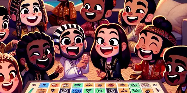 A whimsical game scene with cartoon characters enjoying playful brain teasers in a cozy, colorful setting.