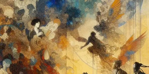 A captivating scene blending ancient and modern elements, exploring desire through vibrant colors and emotional characters.