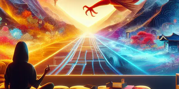 A cozy living room scene with a person watching colorful visuals on a screen, surrounded by Japanese cultural elements.