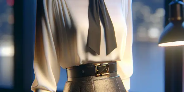 A sophisticated woman in an office, wearing a professional outfit and sheer stockings, exudes allure and intrigue.