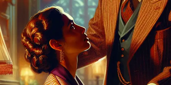 A romantic and intimate scene between two characters in a luxurious, softly lit environment, conveying passion and connection.