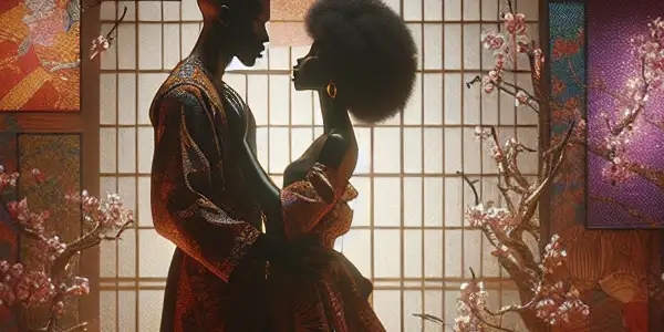A passionate couple embraces in a dimly lit, exotic room with rich African and Japanese decor.