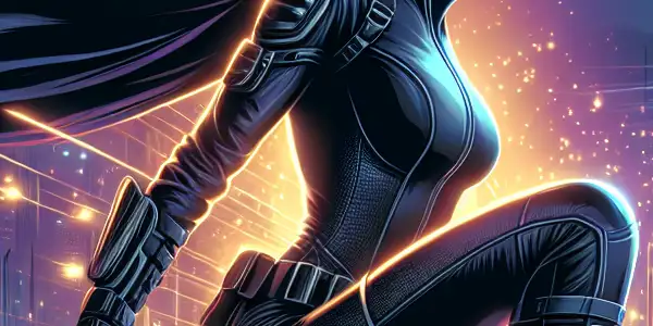 A confident female superhero in a sleek black suit stands in a neon-lit futuristic city, exuding power and allure.