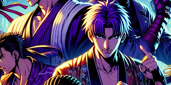 Dynamic characters in an urban nightlife setting, blending martial arts with sensuality and vibrant neon lights.