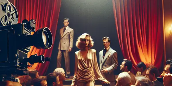 A glamorous film set showcasing actors in 1970s costumes, elegant architecture, and an engaged audience in an intimate atmosphere.