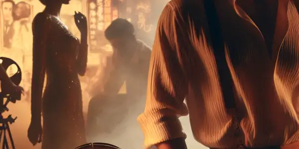 A vintage film set featuring a charismatic male actor, surrounded by iconic Hong Kong cinema elements and mysterious female silhouettes.