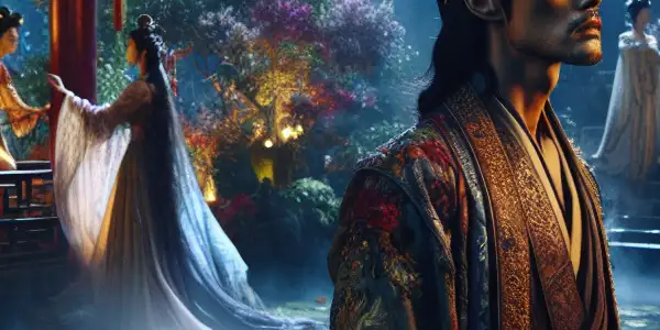 A passionate male protagonist in a traditional Chinese garden at twilight, surrounded by ethereal female silhouettes and a serene koi pond.