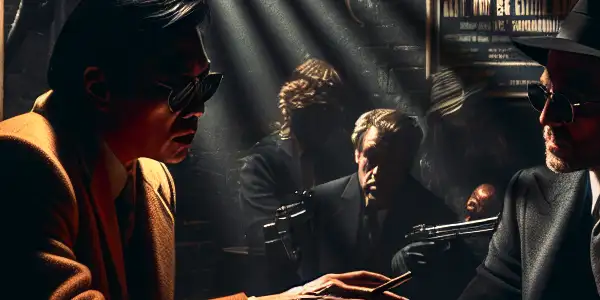 A clandestine meeting between a shady producer and a corrupt official in a dark, underground adult film studio.