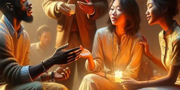 Three diverse individuals share an intimate moment in a cozy, warmly lit room adorned with contemporary Chinese decor.