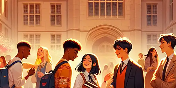 A lively university courtyard filled with diverse students engaging in playful interactions and academic activities amidst blooming springtime scenery.