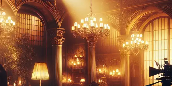 A luxurious film set capturing intimate moments of actors in a seductive, dimly lit atmosphere with multiple cameras.