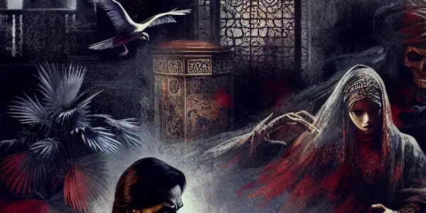 A haunting scene in a dimly lit haunted house featuring a seductive yet menacing encounter between two characters.