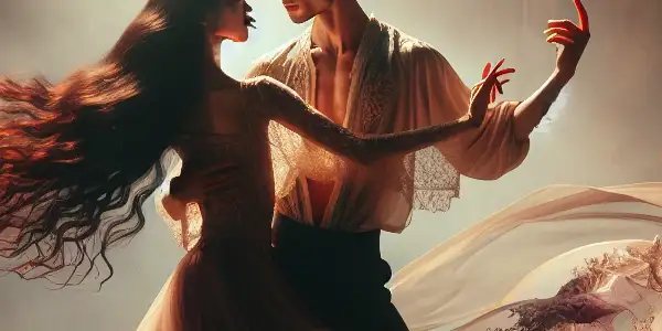 A romantic dance performance featuring two elegantly intertwined dancers in a dimly-lit, intimate setting.