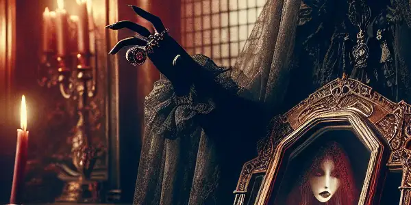A mysterious figure in a gothic room, surrounded by candles, a vintage mirror, and a blood-red rose.