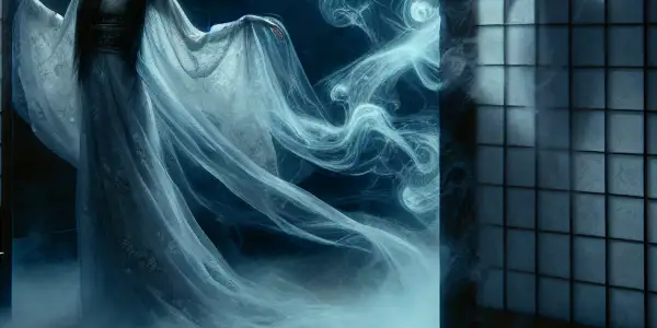 A ghostly figure in a dimly lit Japanese room, draped in a sheer kimono, surrounded by mist and shadows.