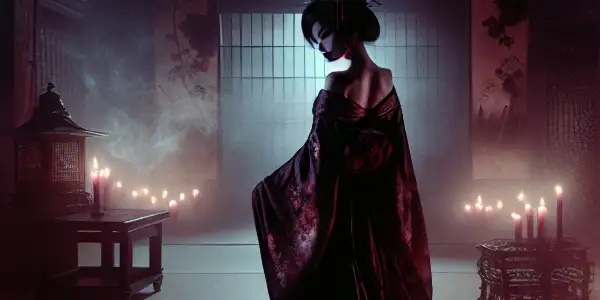 A mysterious figure in a kimono haunts an eerie, abandoned Japanese mansion, blending horror and allure.