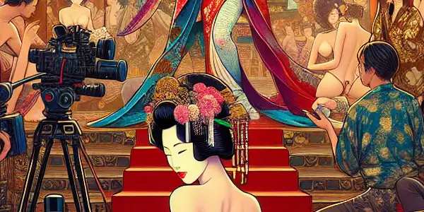 A vibrant scene blending traditional Japanese erotic art with modern adult film elements and virtual reality technology.