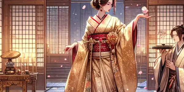 A serene Japanese room with a graceful woman in a kimono, surrounded by cherry blossoms, embodying allure and mystery.<a href=
