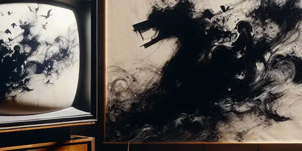 A dimly-lit room featuring a vintage television displaying abstract adult film imagery, surrounded by film reels and Japanese cultural elements.