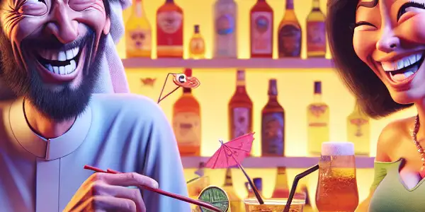 A lively bar scene with a man and woman sharing humorous adult-themed jokes, surrounded by playful decor and cocktails.