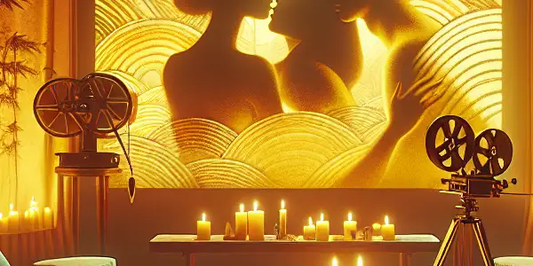 A serene, intimate room with yellow hues, silhouettes of couples, and elements of Japanese culture, evoking sensuality and warmth.