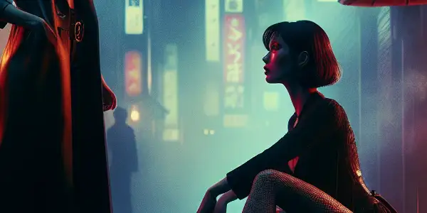 A tense confrontation between two stylish women in a dimly lit Japanese urban setting, embodying risk and desire.