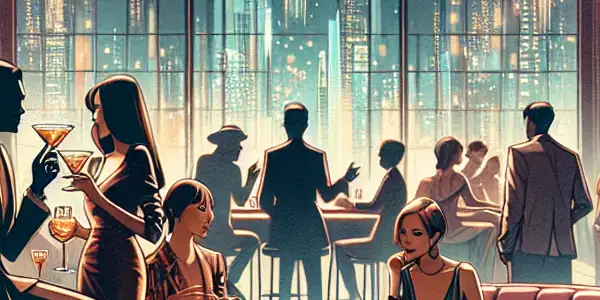 A hidden upscale adult entertainment venue in Harbin, featuring intimate decor and well-dressed patrons in a seductive atmosphere.<a href=