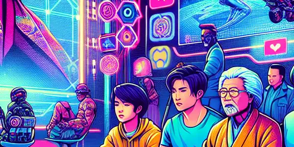 A vibrant futuristic digital landscape with diverse viewers engaging in adult live streaming amidst neon lights and holographic displays.<a href=