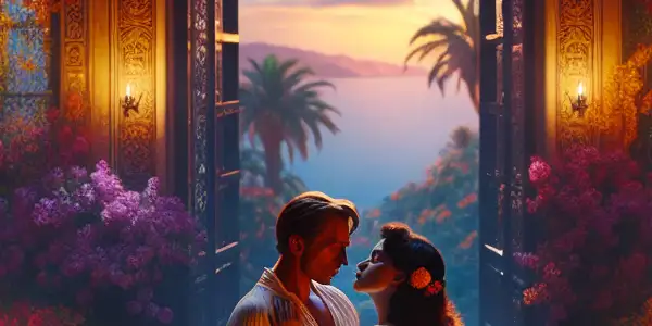 A couple embraces in a romantic Spanish villa at twilight, surrounded by lush greenery and a stunning sunset.